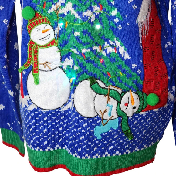 Jolly Sweaters Funny Light Up Ugly Christmas Sweater Snowman Attacks Snowman Lg - Picture 2 of 11